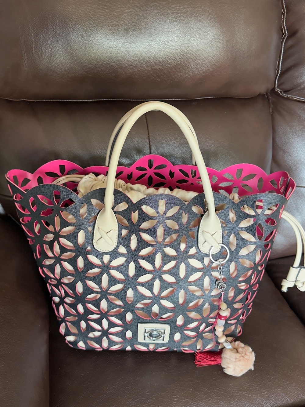 Catherine Malandrino Pink and Black Laser-Cut Tote with Cream Handles